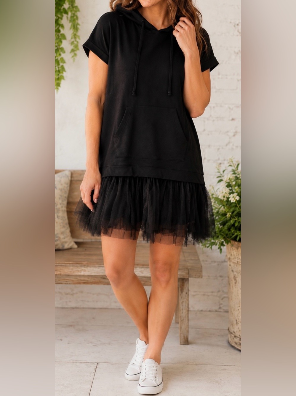Pilcro by Anthropologie Black Tulle Hem Hooded Short Sleeve Mini Dress - Size S